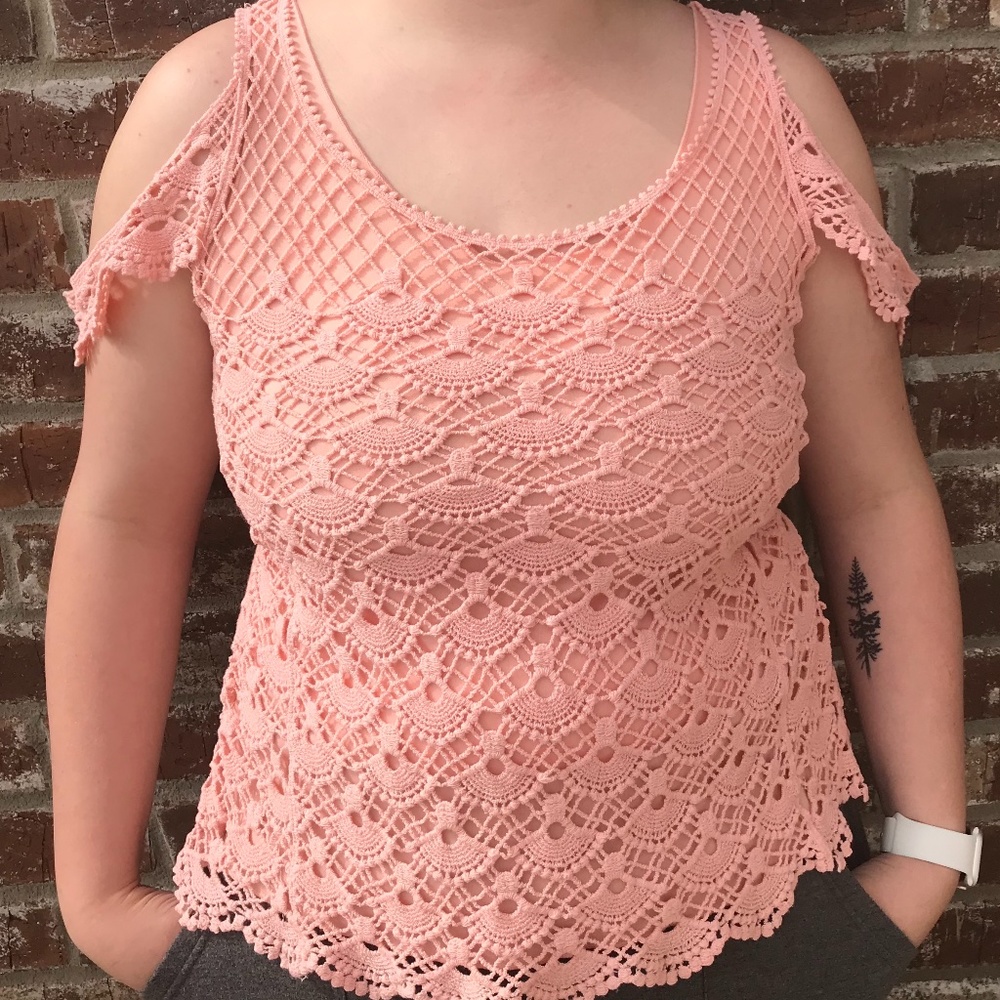 Peach/Blush Crocheted Cold-Shoulder Tank